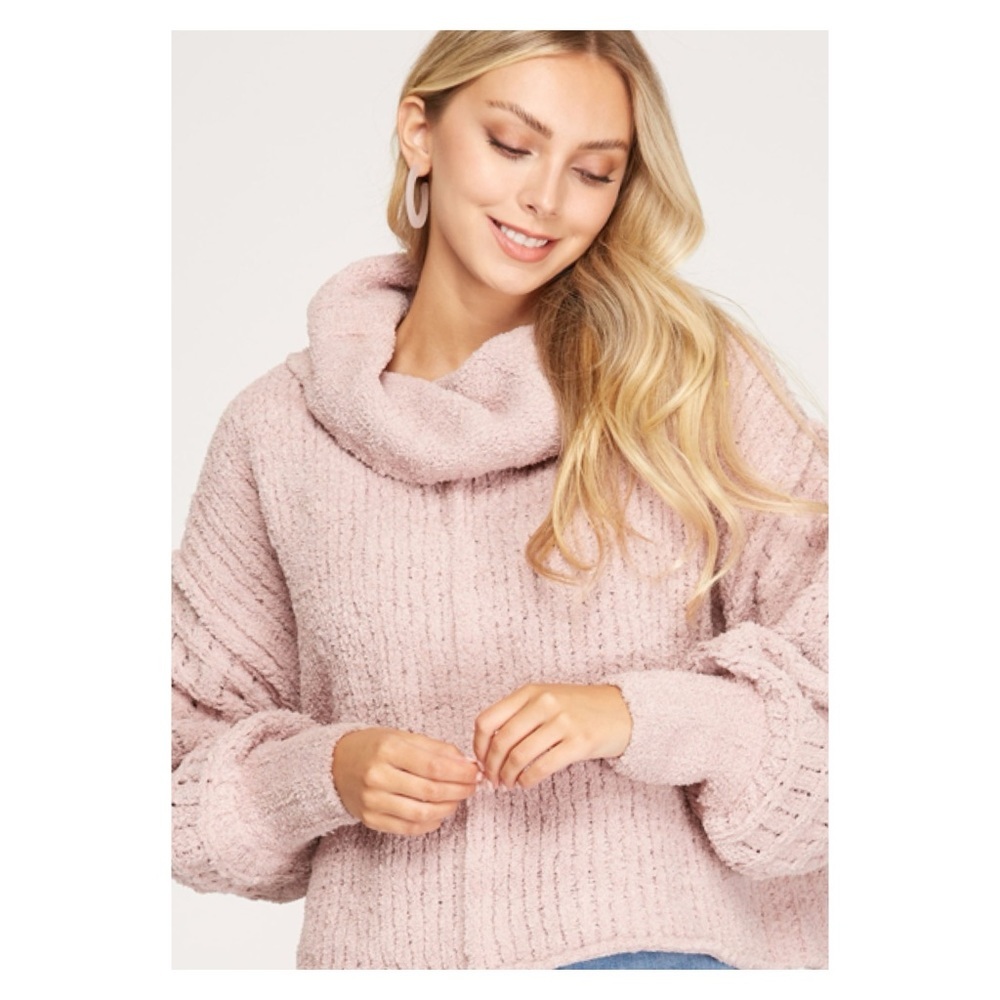 She + Sky Bethany Cowl Neck Bubble Sleeve Sweater beige pink
